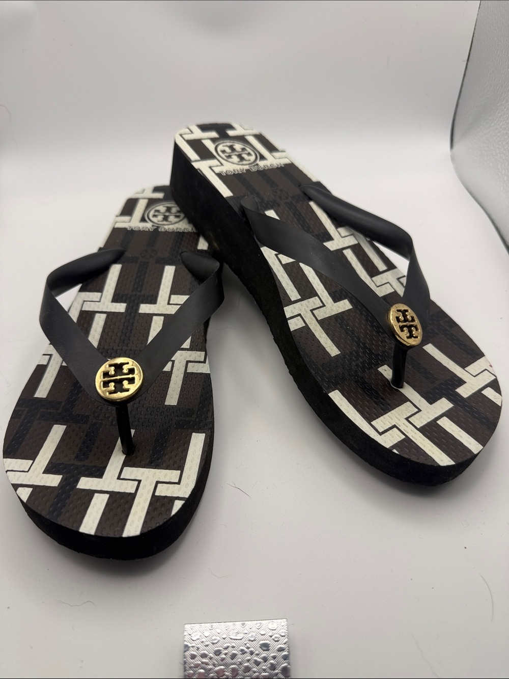 Tory Burch Black and White Logo Pattern Wedge Flip Flops